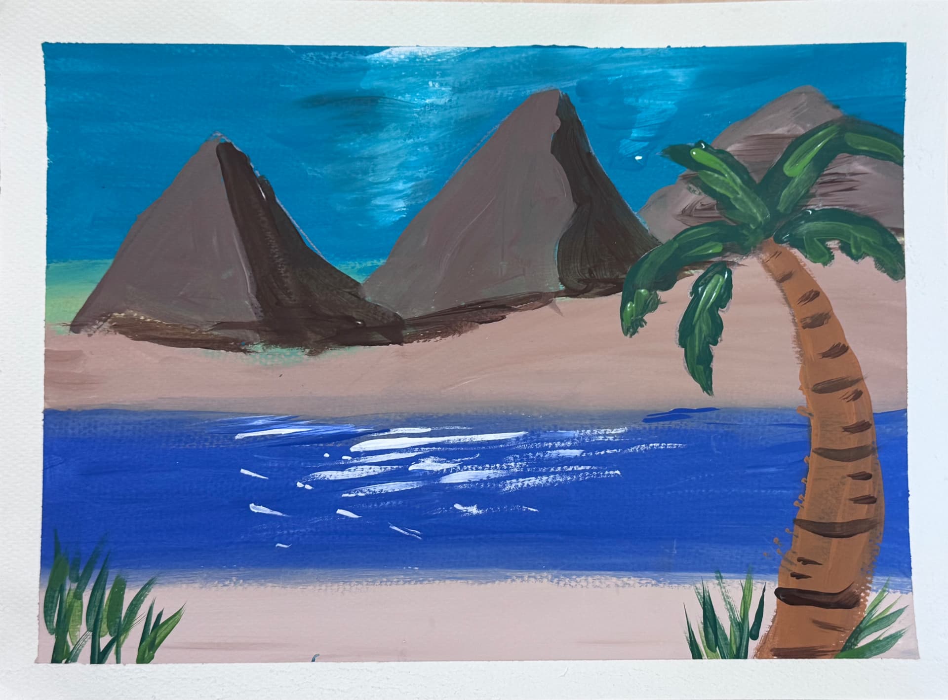 Pyramids by a blue river with a palm tree