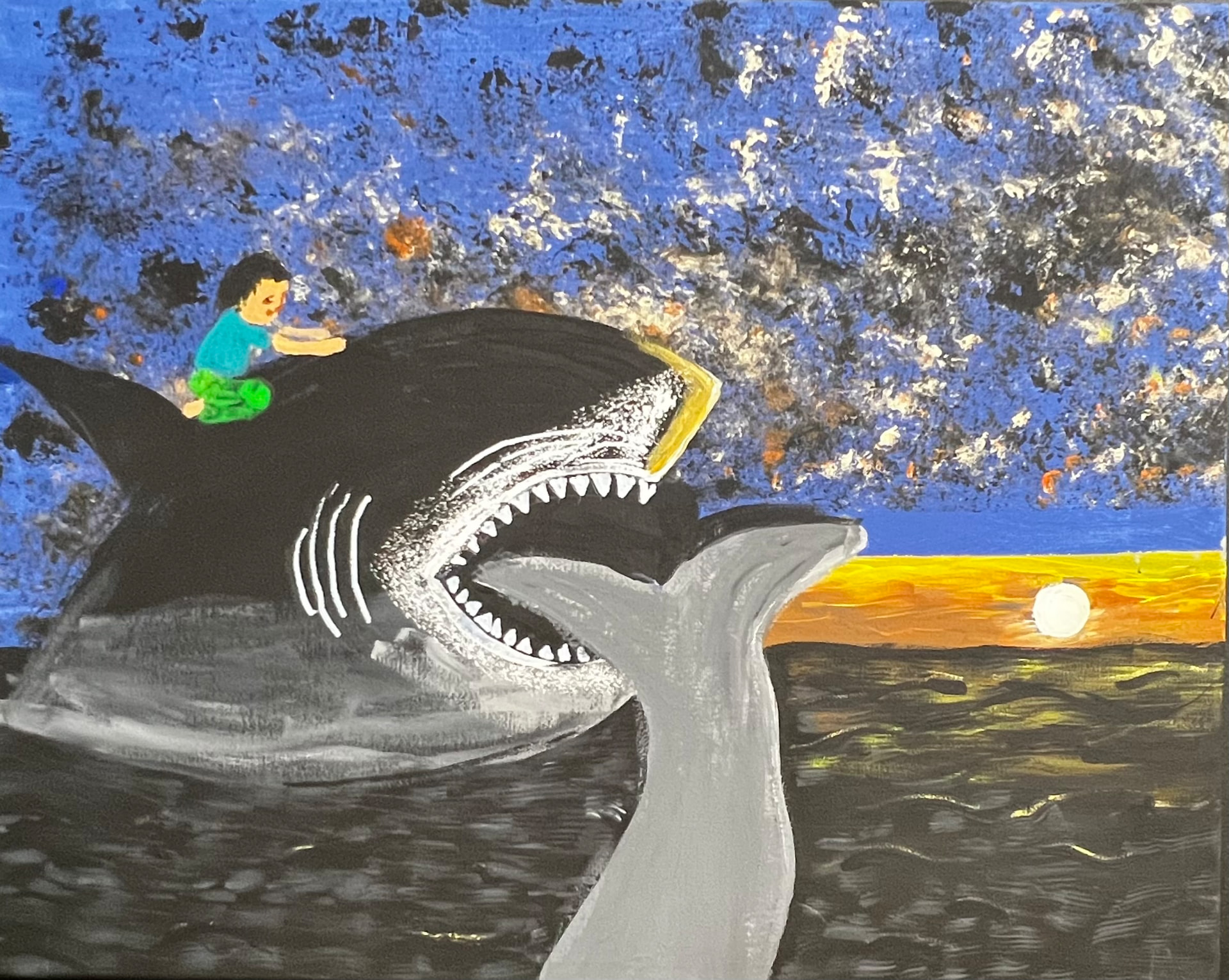 Riding the Shark at Sunset, painting by a student