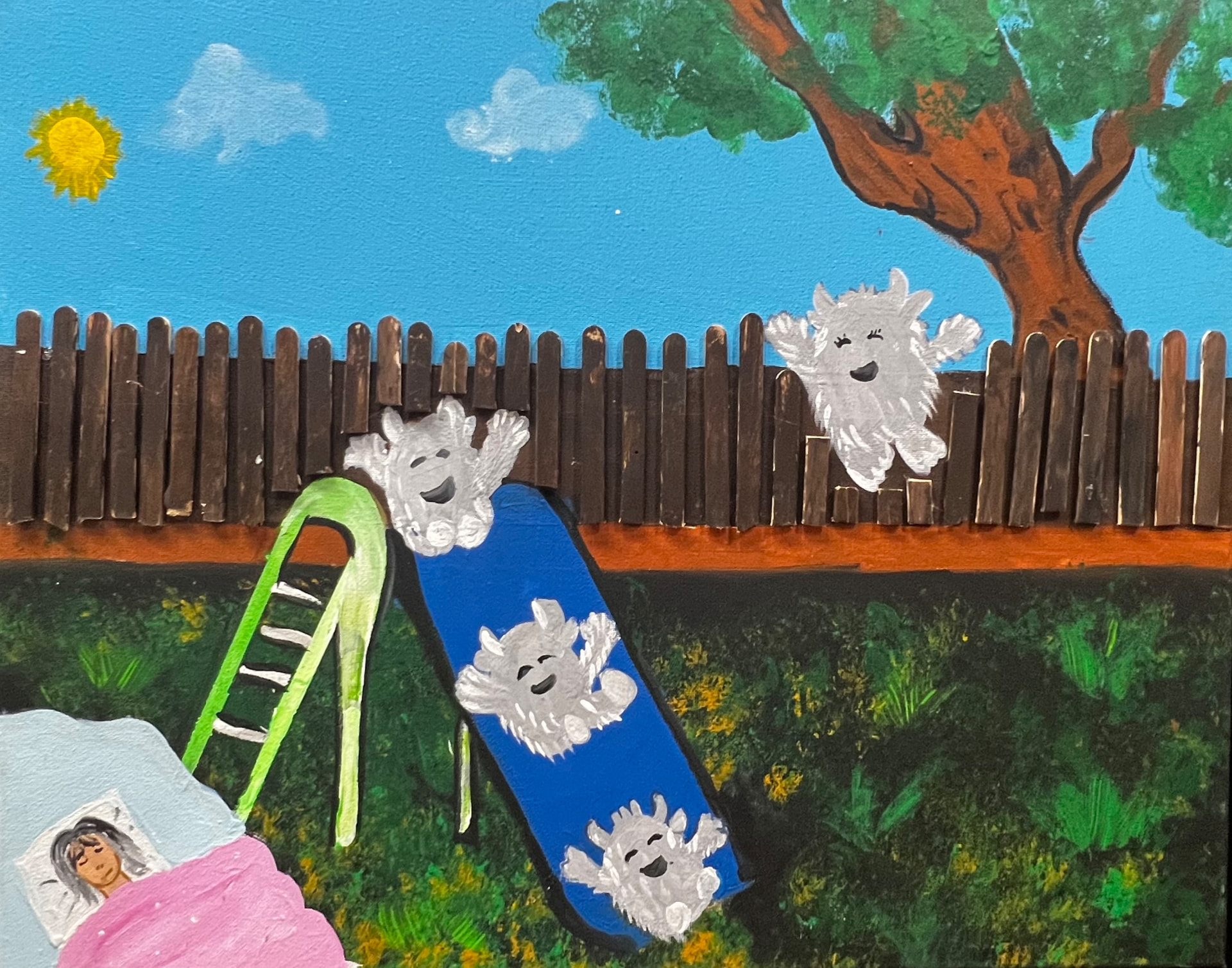 Fluffy Friends on the Slide, painting by a student