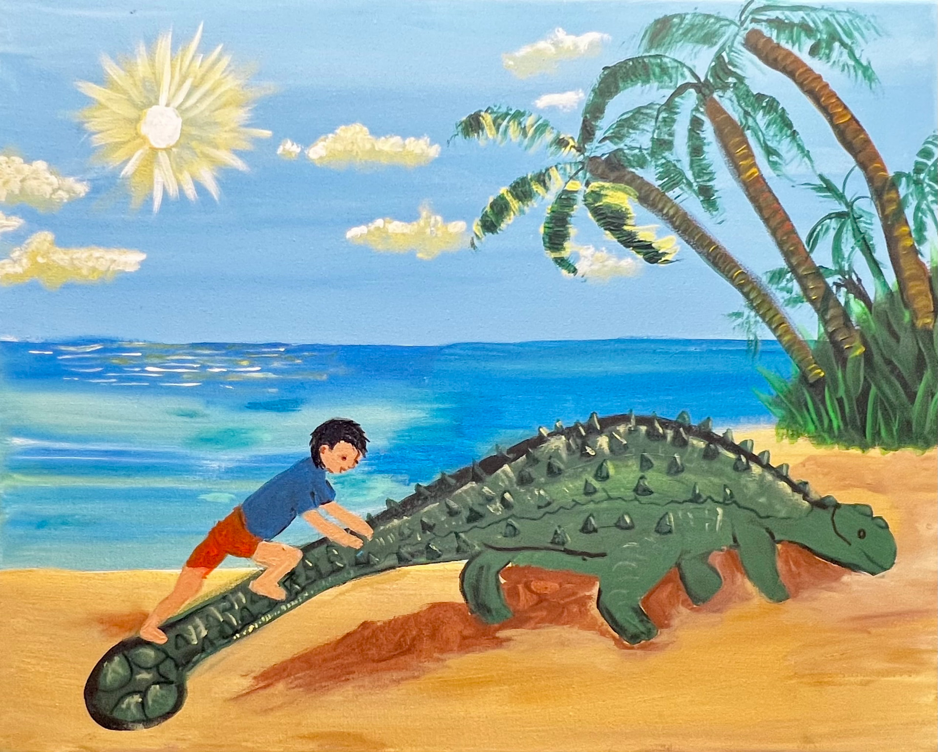 My Dinosaur Friend at the Beach, painting by a student
